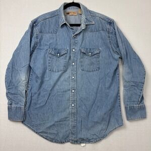Big Mac Mens XL Denim Pearl Snap Western Work Shirt Light Wash 100% Cotton N4